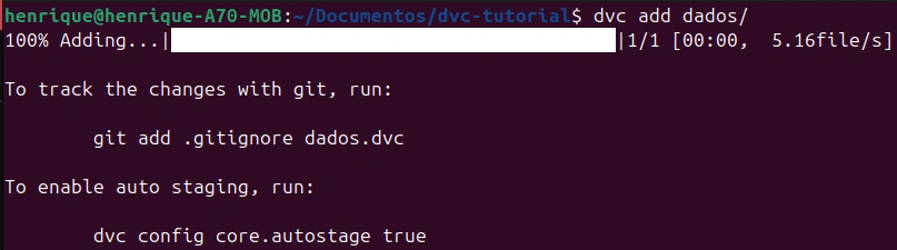 Status de início de versionamento da pasta dados